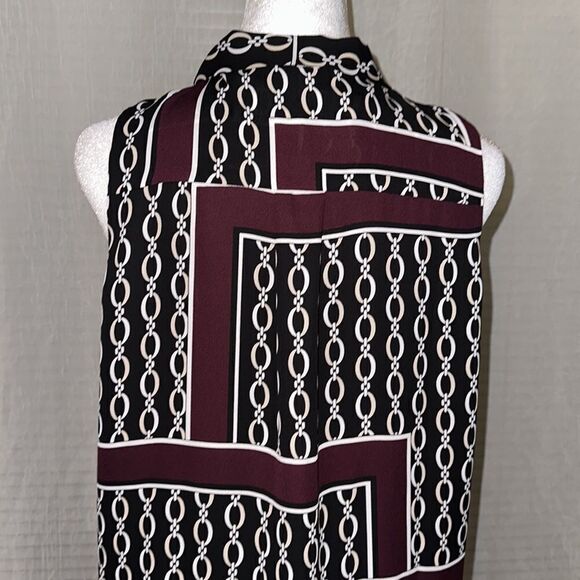 Ann Taylor SP Burgundy Black Ivory White Chainlink Sleeveless Shell Tie Blouse - Picture 8 of 13